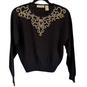 Liz Claiborne Womens Vintage Lambs Wool Black Beaded Crew Neck Sweater SP Petite